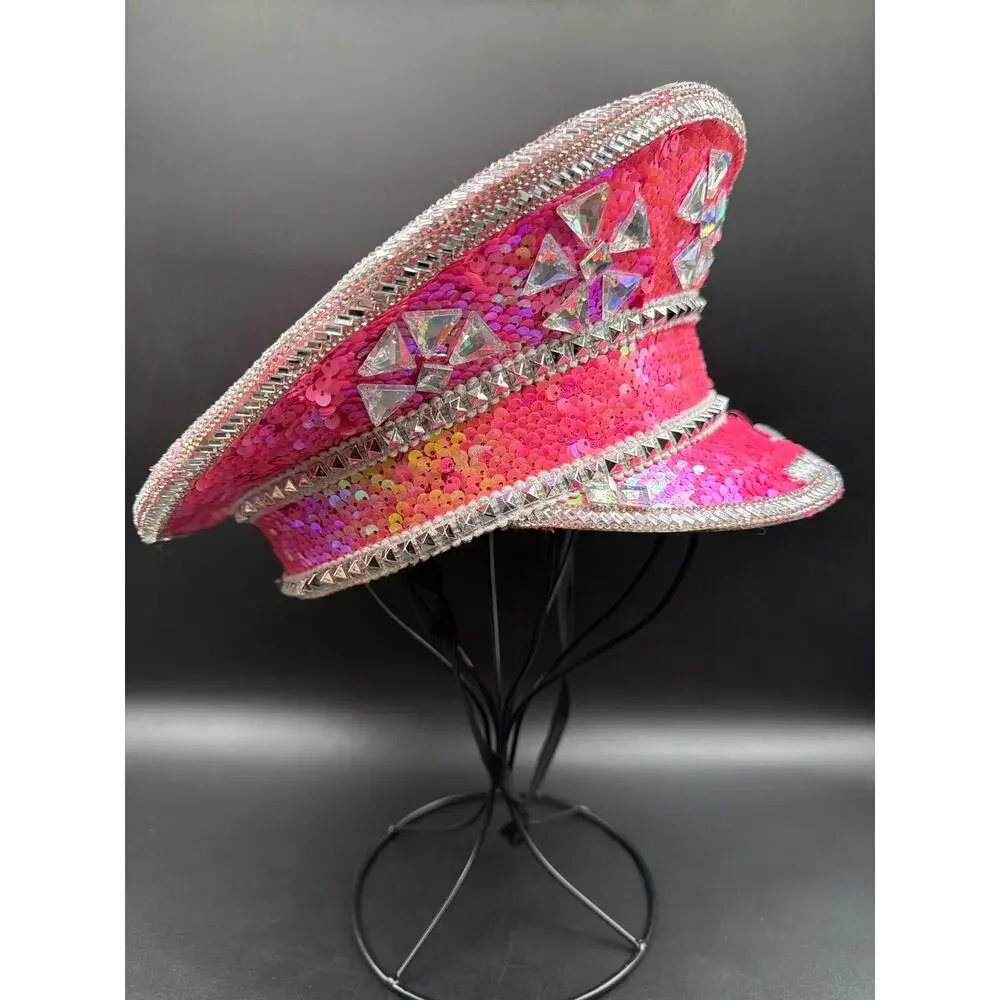 Pink Sequin Rhinestone Captain Hat Jeweled Festival Rave Burning Man Military